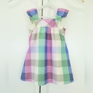 Gap Multicolor Check Linen Blend A Line Flutter Sleeve Dress Girls 3T NWT
